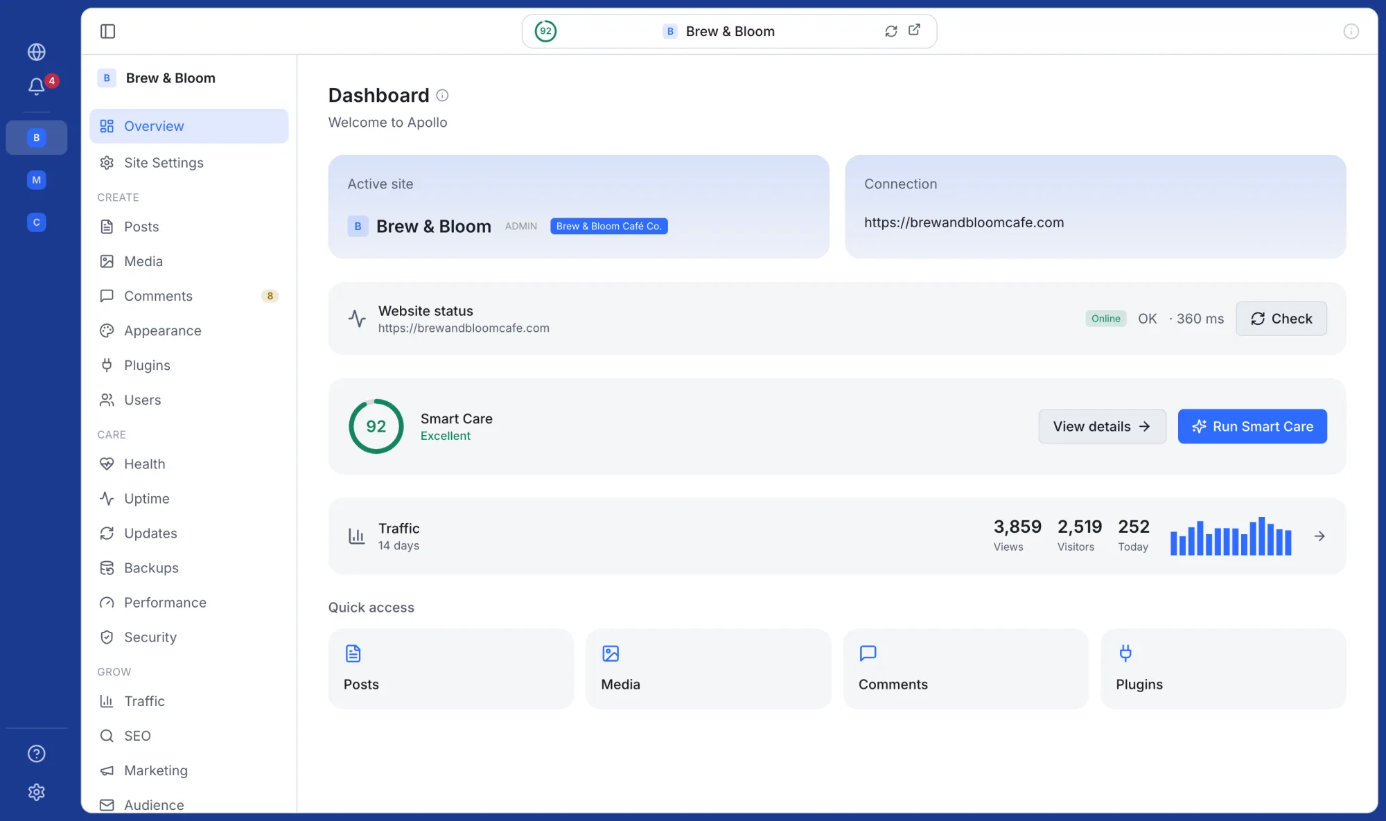 The Apollo dashboard — a site's health score, live status and recent traffic at a glance.